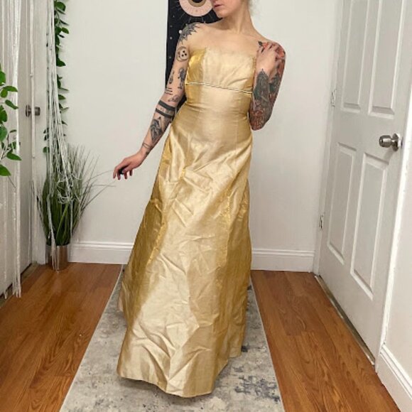 y2k 90s Jump Apparel Strapless Formal Maxi Gown Back Lace-Up Size 4 Gold - Picture 1 of 8